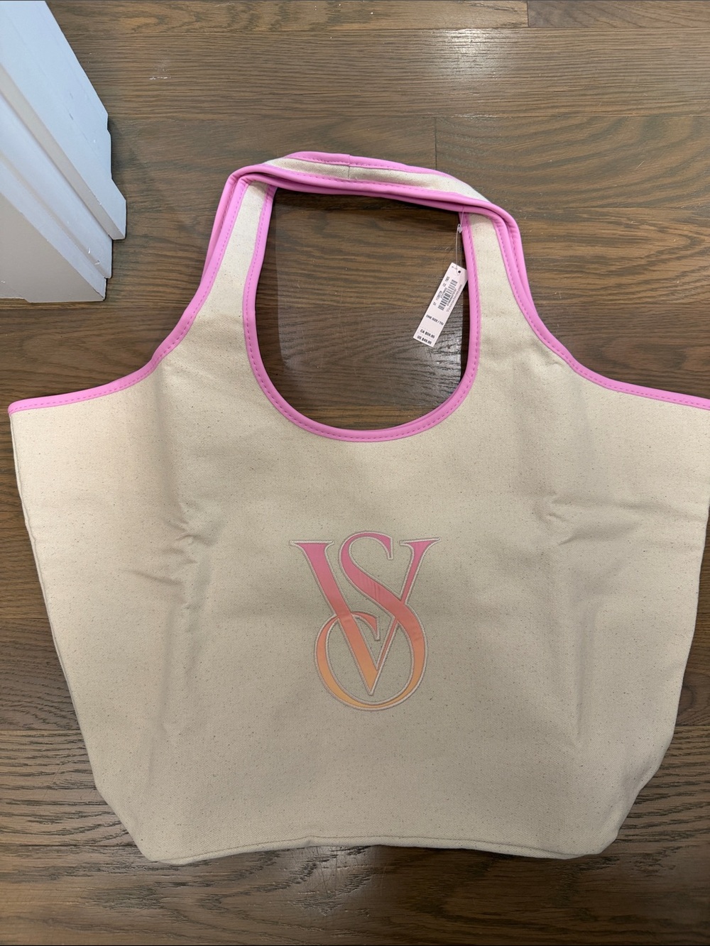 Victoria's Secret Cream Canvas Tote with Pink Trim and Peach Gradient Logo